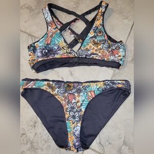 Maaji Reversible Bikini Sz Small Bird Floral Print/Solid Charcoal Gray
